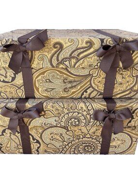 S/2 Storage Boxes Lidded Brown Gold Paisley Fabric Ribbon Accents Keepsake Gift